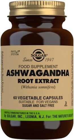 SOLGAR Ashwagandha Root Extract - 60 Vegetable Capsules - Standardized Full Potency (SFP) - Non-GMO, Vegan, Gluten & Dairy Free, Kosher - 60 Servings in Saudi Arabia