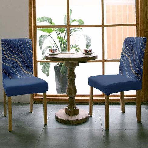 4 Pcs Dining Chair Covers Stretch Spandex Slipcovers Royal Blue Stripes Gold Inlay Removable Dining Room Seat Cover Cushion Protector for Home Hotel Banquet Decor Liquid Abstract Ripple Curve in Saudi Arabia