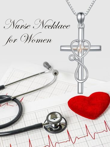 TOUPOP ممرضة قلادة الفضة الاسترليني السماعة الصليب قلادة نبضات القلب قلادة المرأة الطب قلادة مجوهرات ممرضة طبيب هدية التخرج للنساء in Kuwait