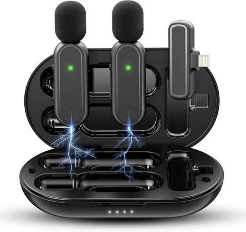 ميكروفون لاسلكي لجهاز iPhone iPad (2 TX + 1 RX + علبة شحن)، عمر بطارية 7 ساعات، ميكروفون صغير 3 أوضاع لتقليل الضوضاء لتسجيل الفيديو، YouTube، Vlog، TikTok، 75FT in Saudi Arabia