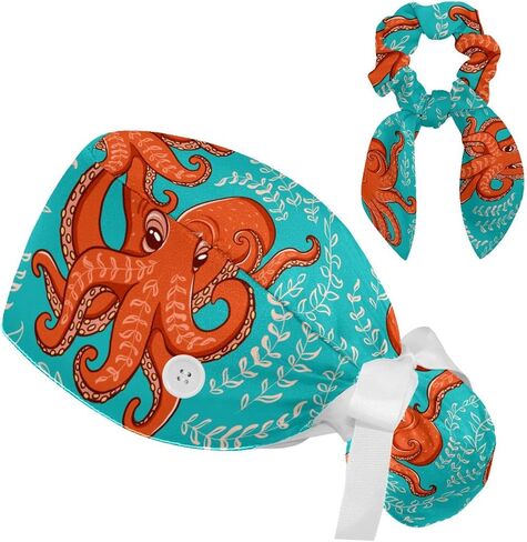 Adjustable Funny Cartoon Octopus Blue Leaves Scrub Cap, Working Hat Hair Cover with Ponytail Pouch, Soft Bouffant Surgical Nurse Cap in Saudi Arabia