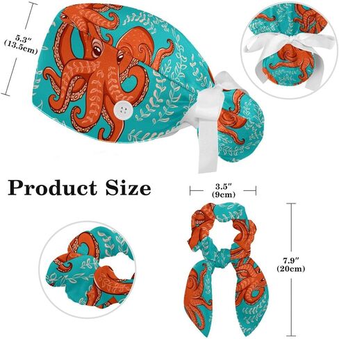 Adjustable Funny Cartoon Octopus Blue Leaves Scrub Cap, Working Hat Hair Cover with Ponytail Pouch, Soft Bouffant Surgical Nurse Cap in Saudi Arabia