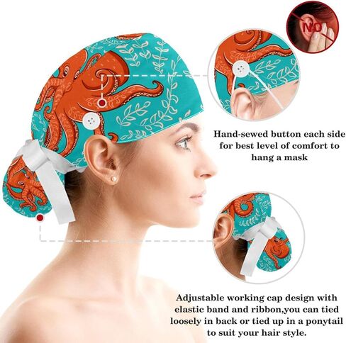 Adjustable Funny Cartoon Octopus Blue Leaves Scrub Cap, Working Hat Hair Cover with Ponytail Pouch, Soft Bouffant Surgical Nurse Cap in Saudi Arabia