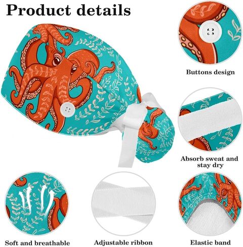 Adjustable Funny Cartoon Octopus Blue Leaves Scrub Cap, Working Hat Hair Cover with Ponytail Pouch, Soft Bouffant Surgical Nurse Cap in Saudi Arabia