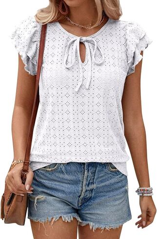Women's Double Layered Ruffle Sleeve Top with Tie Front, 2024 Summer Going Out T-Shirt in Saudi Arabia