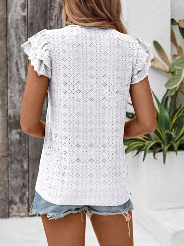 Women's Double Layered Ruffle Sleeve Top with Tie Front, 2024 Summer Going Out T-Shirt in Saudi Arabia
