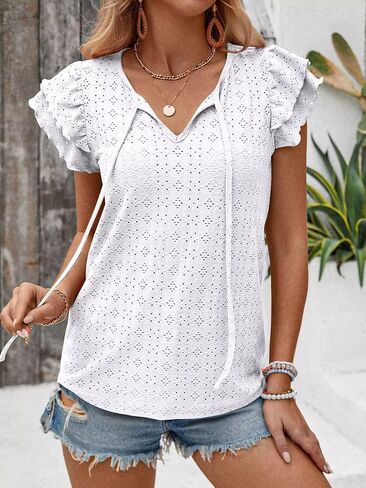 Women's Double Layered Ruffle Sleeve Top with Tie Front, 2024 Summer Going Out T-Shirt in Saudi Arabia