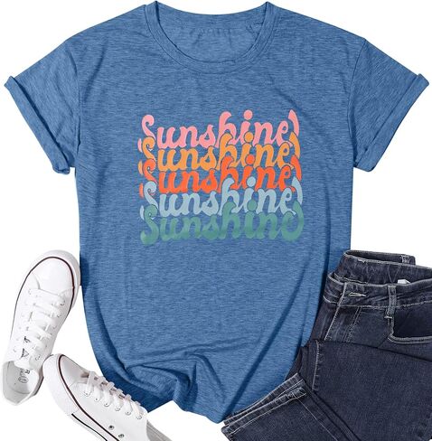 Womens Sunshine Summer Graphic T Shirts Funny Colorful Letter Print Tee Shirt Tropical Vintage Casual Tee Tops in Saudi Arabia