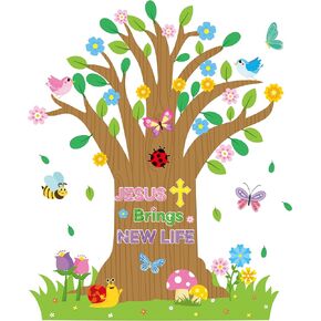 Yopyame 89PCS Jesus Brings New Life Christian Classroom Tree Bulletin Board Set Spring Religious Classroom Tree Bulletin Board Decor with Butterfly Flowers Cutouts for Home Sunday School Chalkboard