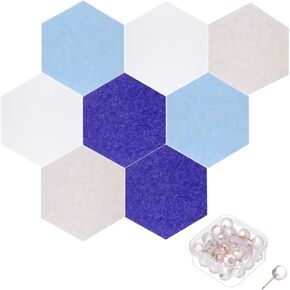 PATIKIL Felt Bulletin Board 11"x9.4" 8 Packs Self Adhesive Hexagon Felt Tiles for Sound Proofing, Wall Panels with 30 Push Pins for Home Office Recording Studio,Game Room, Set-D