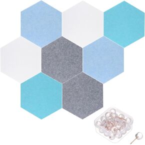 PATIKIL Felt Bulletin Board 11"x9.4" 8 Packs Self Adhesive Hexagon Felt Tiles for Sound Proofing, Wall Panels with 30 Push Pins for Home Office Recording Studio,Game Room, Set-D