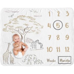 Sweet Jojo Designs Jungle Safari Animals Boy Girl Milestone Blanket Monthly Newborn First Year Growth Mat Baby Shower Memory Gift Picture Taupe Black White Gender Neutral Elephant Wildlife Adventure