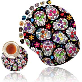 Ergonomic Mouse Pad with Gel Wrist Rest Support, Non Slip PU Base Mouse Pad Wrist Rest for Computer, Home Office Gaming, Pain Relief Day of The Dead Colorful Vintage Sugar Skull + Cup Coaster
