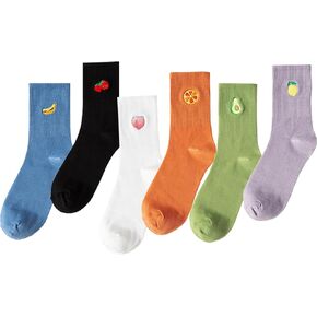 Fruit Socks Cute Socks for Women Crew Socks Cotton Embroidered Banana Avocado Strawberry 4-6pairs