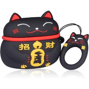 Coralogo Case for Airpods Pro 2019/Pro 2 Gen 2022 Cute,3D Animal Character Silicone Cartoon Airpod Skin Funny Fun Cool Keychain Design Kids Teens Girls Boys Cover Cases Air pods Pro (Black Lucky Cat)