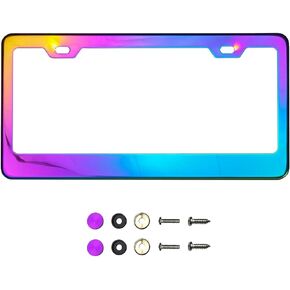 Neon Neo Chrome Mirror License Plate Frame T304 Stainless Steel + Metal Screw Caps