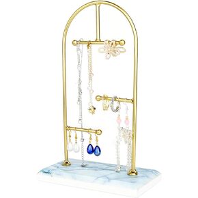 3 Tier Jewelry Rack Display Tower,Desktop Jewelry Display Stand,Jewelry Organizer for Necklaces, Earrings, Bracelets, Rings Holder，Gold Frame White Marble Base (White)