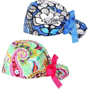 2Pcs Working Cap with Buttons and Ribbon Tie, Adjustable Ponytail Hats with Sweatband Long Hair for Women