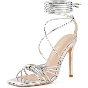 Elisabet Tang Women Strappy Heeled Sandals Lace Up 4 Inch Stilettos Square Open Toe High Heels Ankle Strap for Prom Party Evening