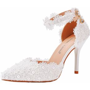 Women High Heel Pumps Pointed Closed Toe Sandals with Floral Lace Pearls Strap Stiletto Heels Bridal Wedding Dress Shoes 3.75''