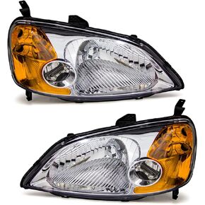 for 2001-2003 Honda Civic Headlights Assembly Compatible with 2001 2002 2003 Civic 2/4DR Chrome Housing Amber Reflector Replacement Driver & Passenger Side