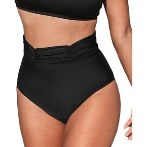 CUPSHE Women's Bikini Bottom Adjustable High Waisted Tummy Control Bathing Suit with Power Mesh