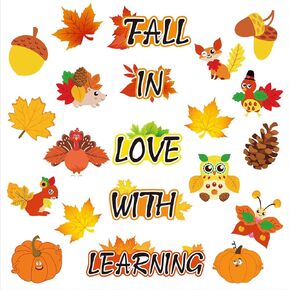Tenceur 95 Pcs Fall Cutouts Classroom Bulletin Board Decorations Fall in Love Bulletin Board Set Thanksgiving Autumn Pumpkin Leaves Acorn Turkey Cutout for Autumn Harvest Classroom Decor