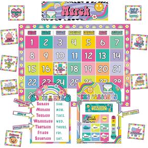 Colorful Hippie Calendar Bulletin Board Set for Classroom Decoration Groovy Retro Calendar Seasons Weather Chart Boho Hippie CTP Bulletin Board Paper-Cuts for Teachers Elementary School