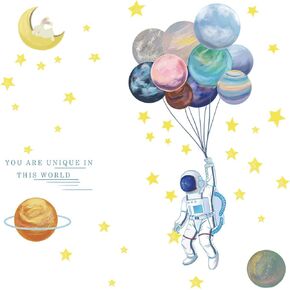 Astronaut Wall Decal Space Planet Balloon Universe Star Wall Stickers DIY Self-adhesive Removable Vinyl Wall Art Decor for Kids Boy Bedroom Living Room Kindergarten Nursery Murals