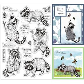 GLOBLELAND Realistic Raccoons Clear Stamps Animals Butterfly Silicone Clear Stamp Seals for Cards Making DIY Scrapbooking Photo Journal Album Decoration