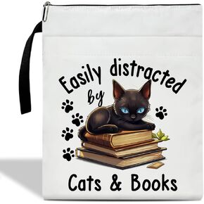 Easily Distracted by Cats and Books Book Sleeve, Book Sleeve With Zipper, Book Pouch Book Cover Kindle Protector Sleeve, Book Sleeve for Book Lovers Gifts for Women Teen Librarian Bookworm Bookish /12
