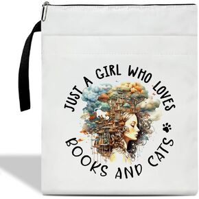 Just A Girl Who Loves Books & Cat Book Sleeve, Book Sleeve with Zipper, Book Pouch Book Cover Kindle Protector Sleeve, Book Sleeve for Book Lovers Gifts for Women Teen Librarian Bookworm Bookish /24