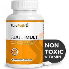 PurePath NON-TOXIC Adult Multivitamin - 13 Vitamins - 100% RDA - No Harmful Megadoses - with B6 & B12 - Supplement for Optimal Energy, Focus, and Longevity - 60 Capsules - 30 Day Supply