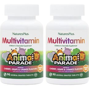 Natures Plus Animal Parade Sugar-Free Children's Multivitamin - Assorted Cherry, Grape & Orange Flavors - Pack of 2, 90 Chewable Tablets - 90 Total Servings