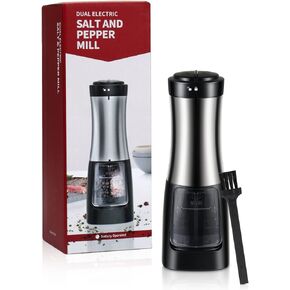 Electric Pepper Grinder, 2 in 1 Salt and Pepper Mill Grinder with Adjustable Coarseness, Kitchen Automatic Pepper, Double Slot, One Hand Operated for Kitchen, Restaurant and BBQ