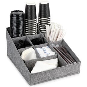 Coffee Condiment Station, 17 Inch Fabric Coffee Station Organizer for Countertop, 10 Compartments Coffee and Tea Organizer, Snacks Organizer for Home, Office and Studio