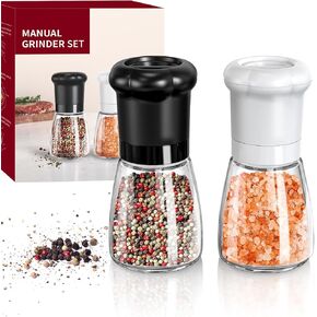 CIRCLE JOY Manual Pepper Grinder, Spice Mill for Professional Chef, Refillable Pepper Shakers with Ceramic Blades, Adjustable Coarseness and BPA-free 180ml Glass Container, Short Black
