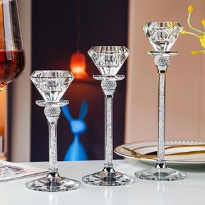 Glass Candlestick Holders Set of 3, Clear Taper Candle Holders Bulk, Crystal Tall Candle Holder for DIY Wedding, Festival, Party, Table Decor (Silber)