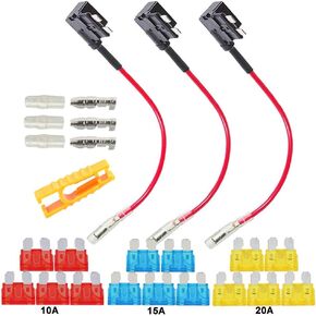 FULARR 3Pcs Premium ACU Add-A-Circuit Fuse Tap, Piggy Back Blade Fuse Holder Kit with Wire Harness, Free Standard Blade Fuses X 15Pcs, Fuse Puller X 1Pcs –– 12V / 24V
