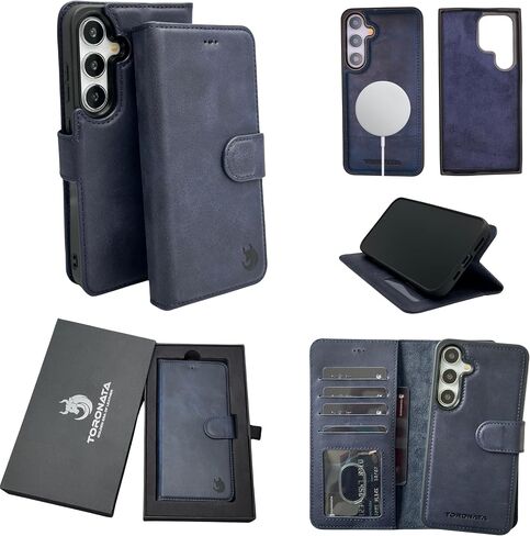 حافظة Nevada Samsung Galaxy S24 Plus - حافظة جلدية S24 Plus - حافظة محفظة فاخرة S24 Plus مع تصميم مسند، وفتحات للبطاقات - محفظة جلدية RFID مصنوعة يدويًا مضادة للخدش (أزرق داكن) in Kuwait