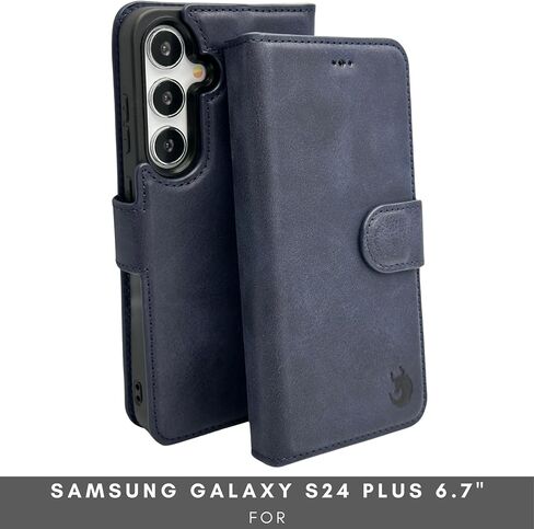 حافظة Nevada Samsung Galaxy S24 Plus - حافظة جلدية S24 Plus - حافظة محفظة فاخرة S24 Plus مع تصميم مسند، وفتحات للبطاقات - محفظة جلدية RFID مصنوعة يدويًا مضادة للخدش (أزرق داكن) in Kuwait