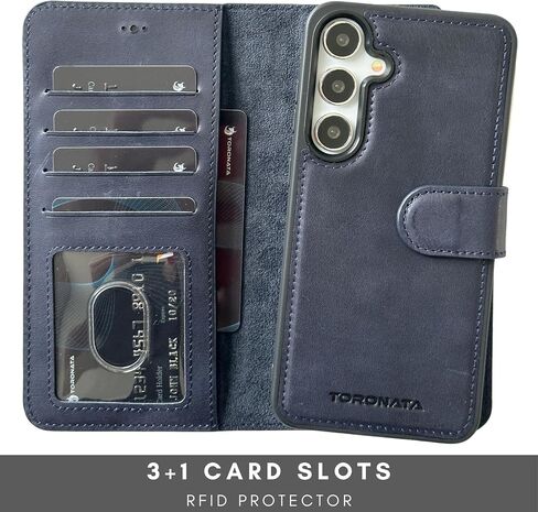 حافظة Nevada Samsung Galaxy S24 Plus - حافظة جلدية S24 Plus - حافظة محفظة فاخرة S24 Plus مع تصميم مسند، وفتحات للبطاقات - محفظة جلدية RFID مصنوعة يدويًا مضادة للخدش (أزرق داكن) in Kuwait