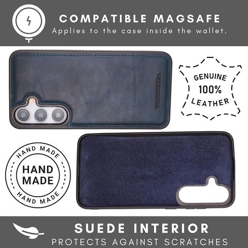 حافظة Nevada Samsung Galaxy S24 Plus - حافظة جلدية S24 Plus - حافظة محفظة فاخرة S24 Plus مع تصميم مسند، وفتحات للبطاقات - محفظة جلدية RFID مصنوعة يدويًا مضادة للخدش (أزرق داكن) in Kuwait
