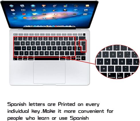 HRH Spanish Language Silicone Keyboard Cover Skin for MacBook Newest Air 13 Inch 2018 Release A1932 with Retina Display and Touch ID,European Layout-Black in Saudi Arabia