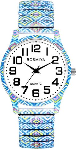 Lancardo Women Stretch Band Watch: Bohemia Flower Elastic Analog Quartz Big Number White Dial Wristwatch Easy to Read Womens Day in Saudi Arabia