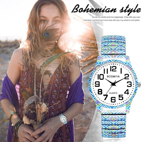 Lancardo Women Stretch Band Watch: Bohemia Flower Elastic Analog Quartz Big Number White Dial Wristwatch Easy to Read Womens Day in Saudi Arabia