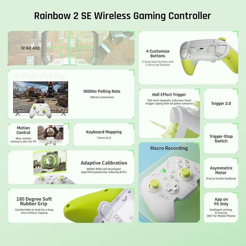 PC Controllers, BIGBIG WON Rainbow 2 SE Wireless Controllers Motion Control, Hall Effect Trigger, 12-bit ADC, 3 Sets of Joysticks, 4-way&8-way D-pad, PC App, Controller for Switch/PC/Android/iOS in Kuwait