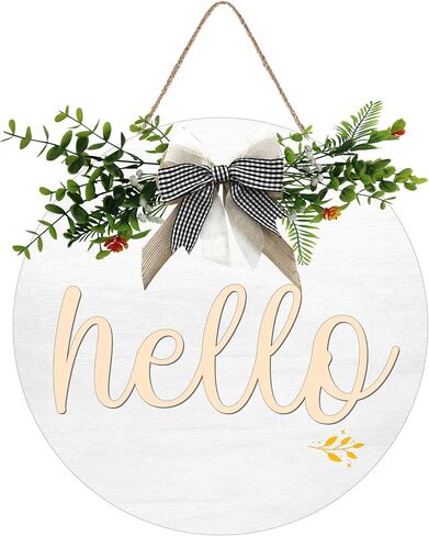 Hello Front Door Decorative Wooden Round Hello Wreath Sign With Delicate Bow for Farmhouse, Porch Door Window Wall Wooden Hanging Sign Rustic Outdoor Interior Decoration, 12 X 12 Inches in Kuwait