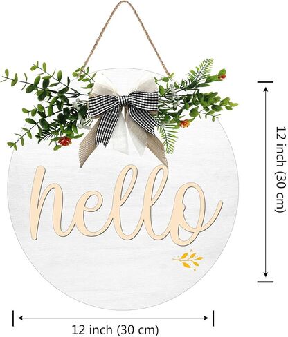Hello Front Door Decorative Wooden Round Hello Wreath Sign With Delicate Bow for Farmhouse, Porch Door Window Wall Wooden Hanging Sign Rustic Outdoor Interior Decoration, 12 X 12 Inches in Kuwait