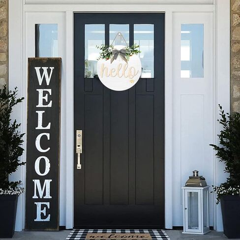 Hello Front Door Decorative Wooden Round Hello Wreath Sign With Delicate Bow for Farmhouse, Porch Door Window Wall Wooden Hanging Sign Rustic Outdoor Interior Decoration, 12 X 12 Inches in Kuwait